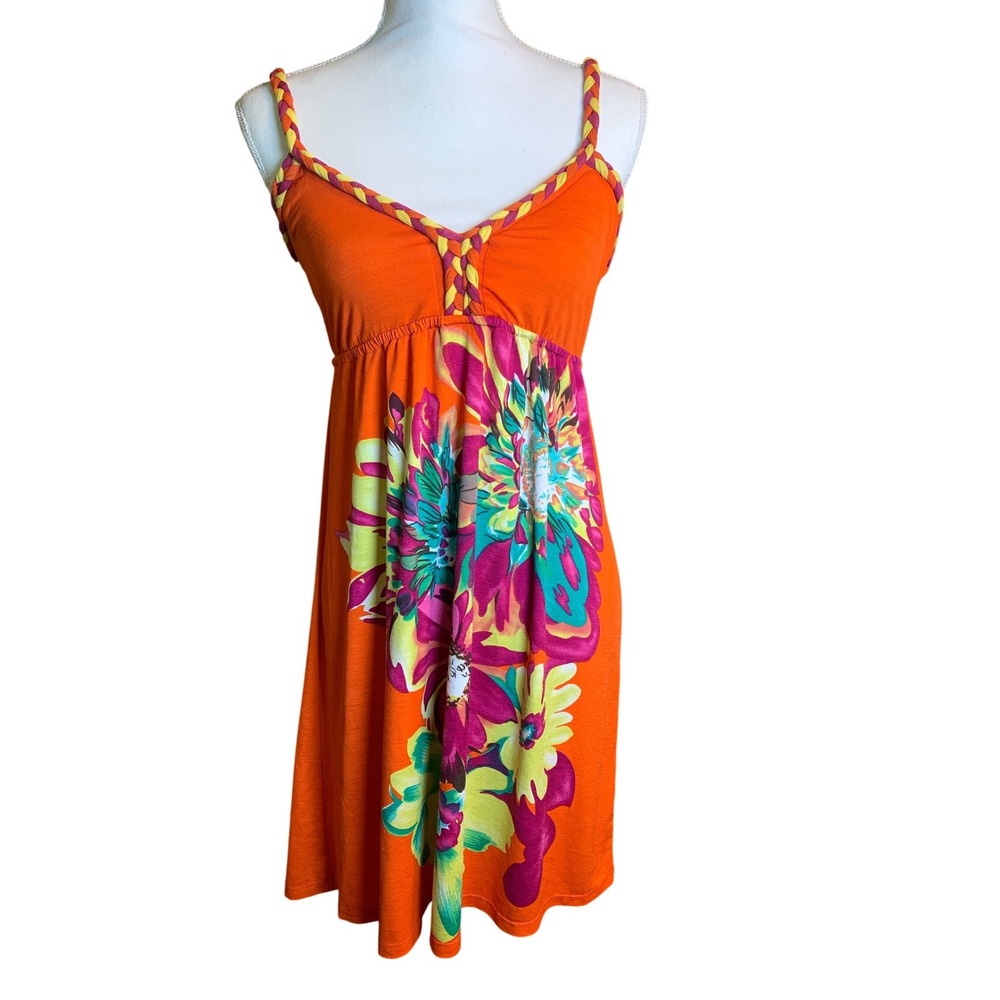 MCM Y2K Orange Tropical Floral Braided Strap Empire Waist Mini Dress Preloved